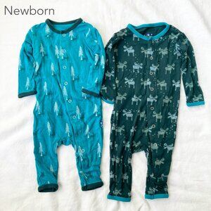 💙2/$25 Kickee Pants Newborn Baby Blue Green Moose Trees Button Sleepers